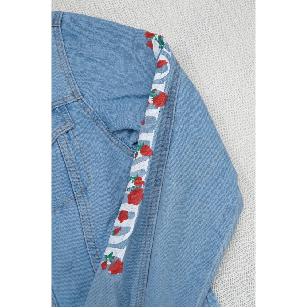 Rue 21 Jean Jacket Womens Small Blue Denim‎ Rose Worldwide Graphic Trucker